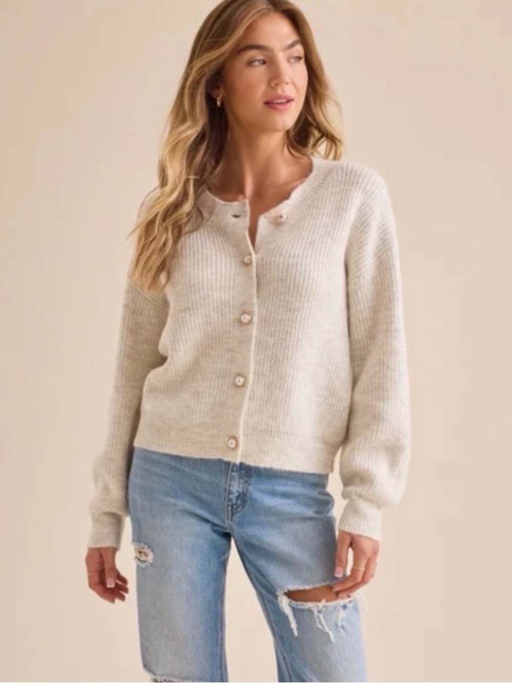 Altar'd State Cream WoolBlend Ribbed Pearl-Button Cardigan - Picture 2 of 7